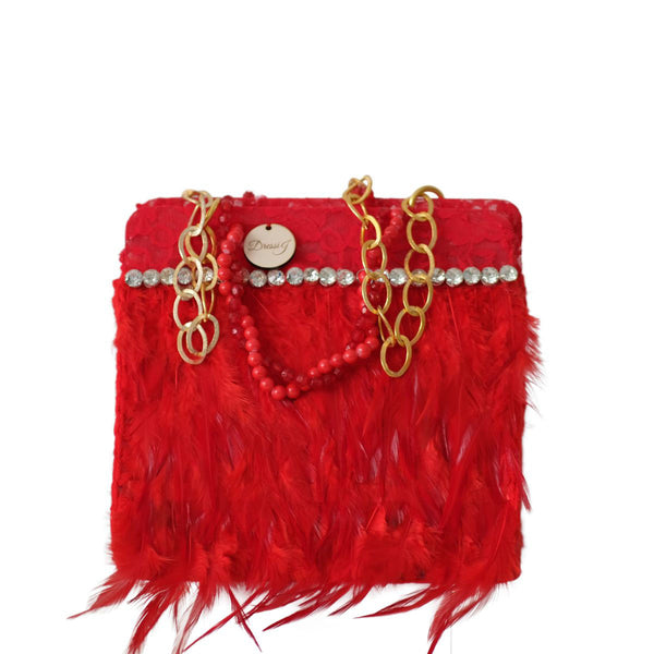 Bolso encaje plumas rojo