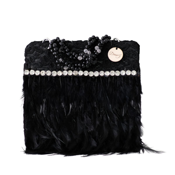 Bolso encaje plumas negro