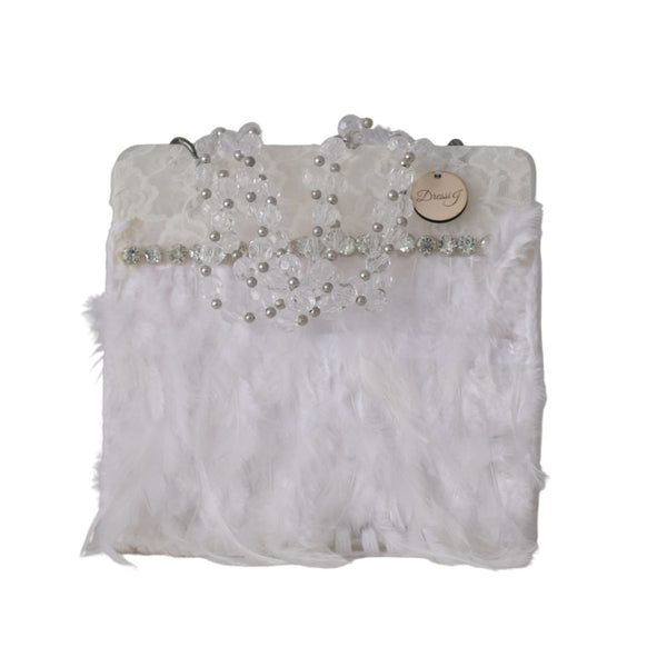 Bolso encaje plumas blanco